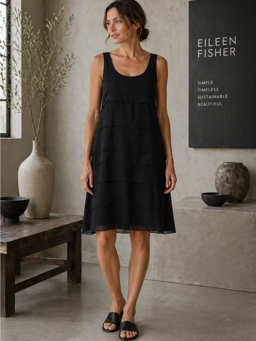 EILEEN FISHER Sheer Silk Georgette LARGE Tiered Layer Sleeveless‎ Dress Black